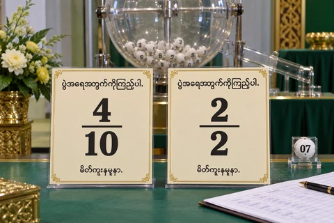 မဲနှိုက်စက်ဘေးတွင်4/10 နှင့်2/2 ထီရလဒ်နမူနာစာရင်းကတ်နှစ်ခုကိုမြန်မာစာဖြင့်ပြထားပုံ