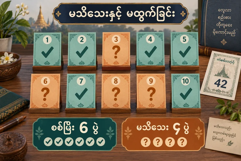 ပွဲဆယ်ပွဲအနက် အတည်ပြုခြောက်ပွဲနှင့် မသိသေးလေးပွဲကို ခွဲပြသော ထီမှတ်တမ်းပုံ